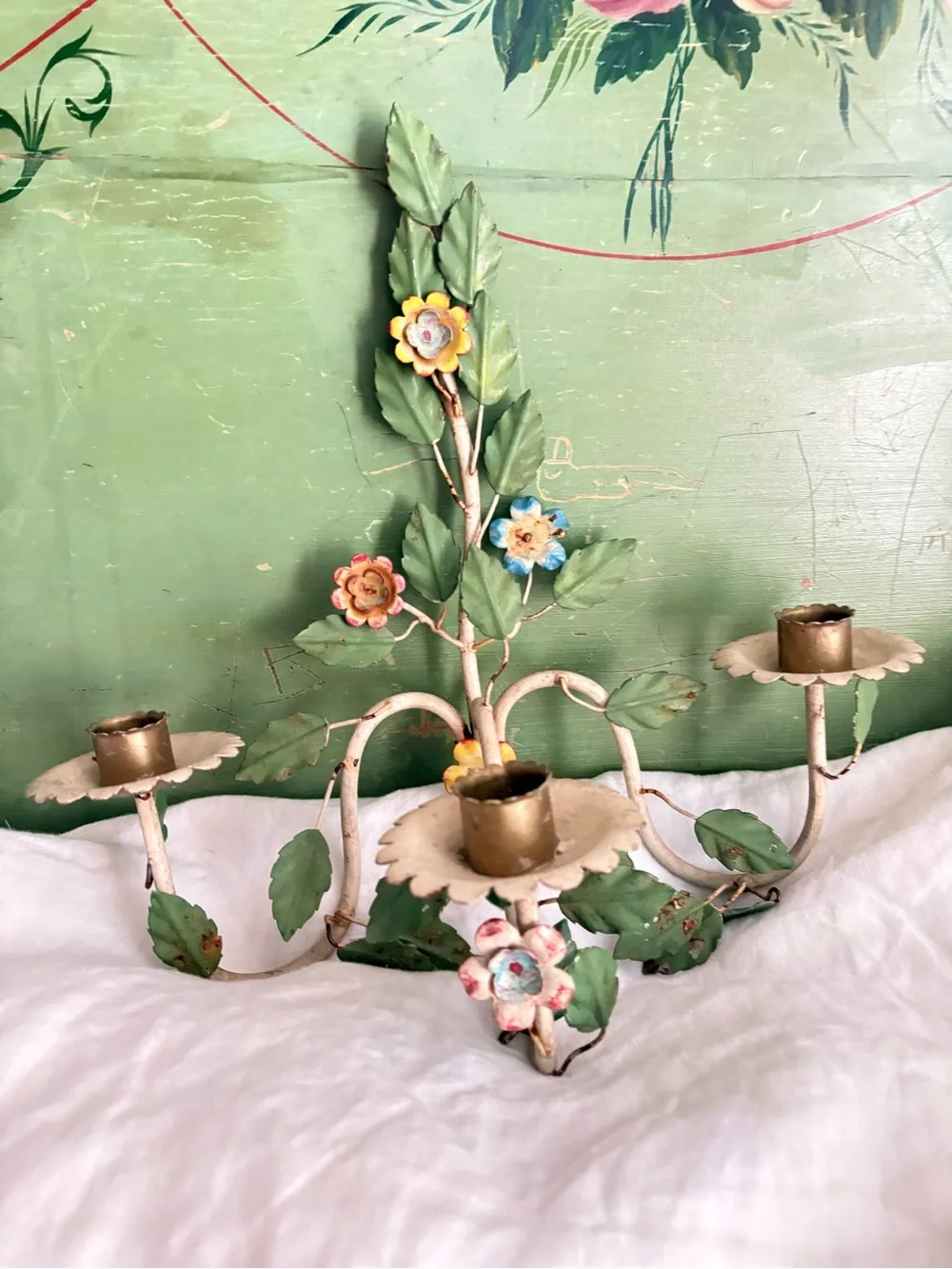 Antique Italian Tole Floral 3 arm wall sconce Hand painted
